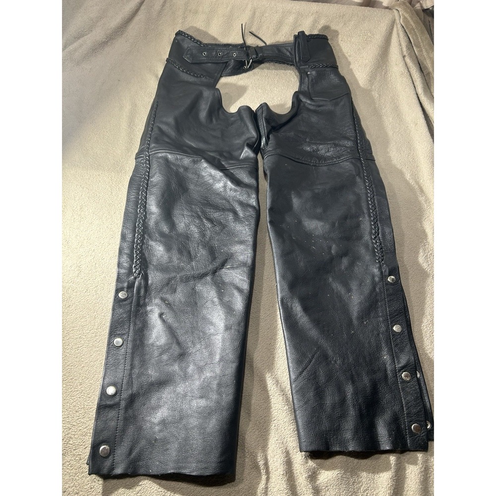 Hot Leathers Black Genuine Leather Motorcycle Chaps Braided Sides Mens 2XL